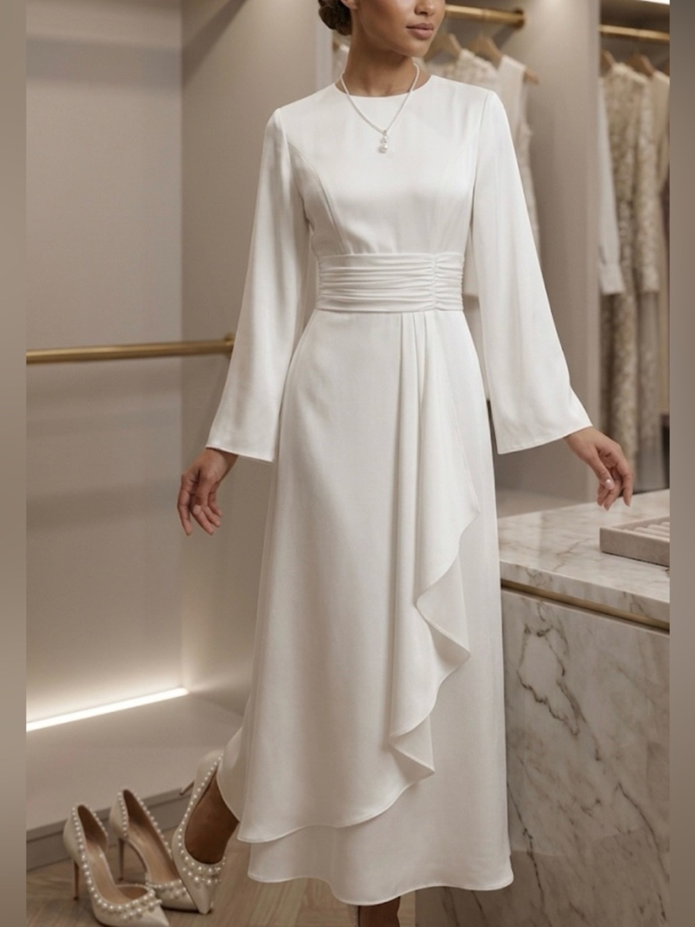 Elegant White Long Sleeve Midi Dress with Draped Ruffle